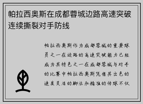 帕拉西奥斯在成都蓉城边路高速突破连续撕裂对手防线